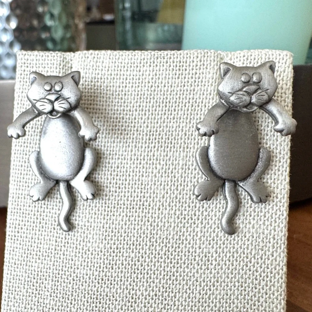 Silver Pewter Cat Earrings - Picture 2 of 11
